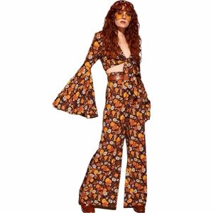 NWT The Hippie Shake Wiggle Wiggle Brown Floral Wide Leg Trousers Size US14